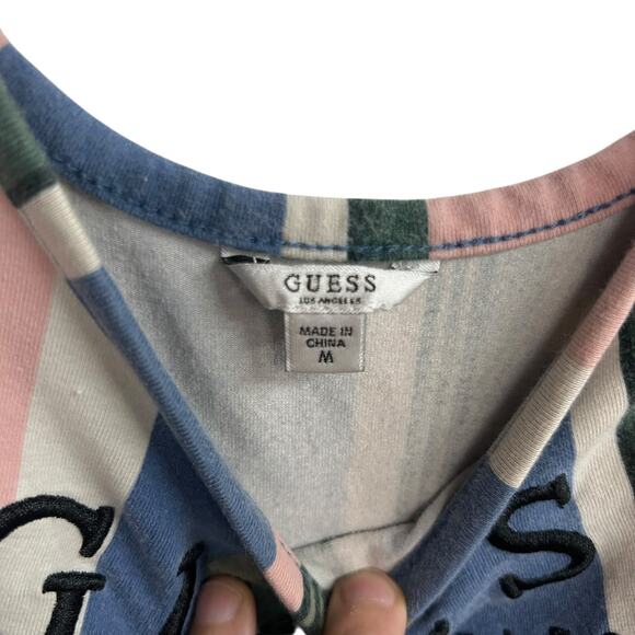 GUESS Striped Logo Snap Bodysuit M Retro Y2K Pastel Sporty Coquette Streetwear - Picture 5 of 8
